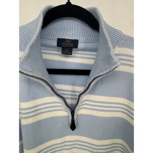Brooks Brothers Mens Pullover Sweater Light Blue White Stripe 1/4 Zip Cotton‎ XL